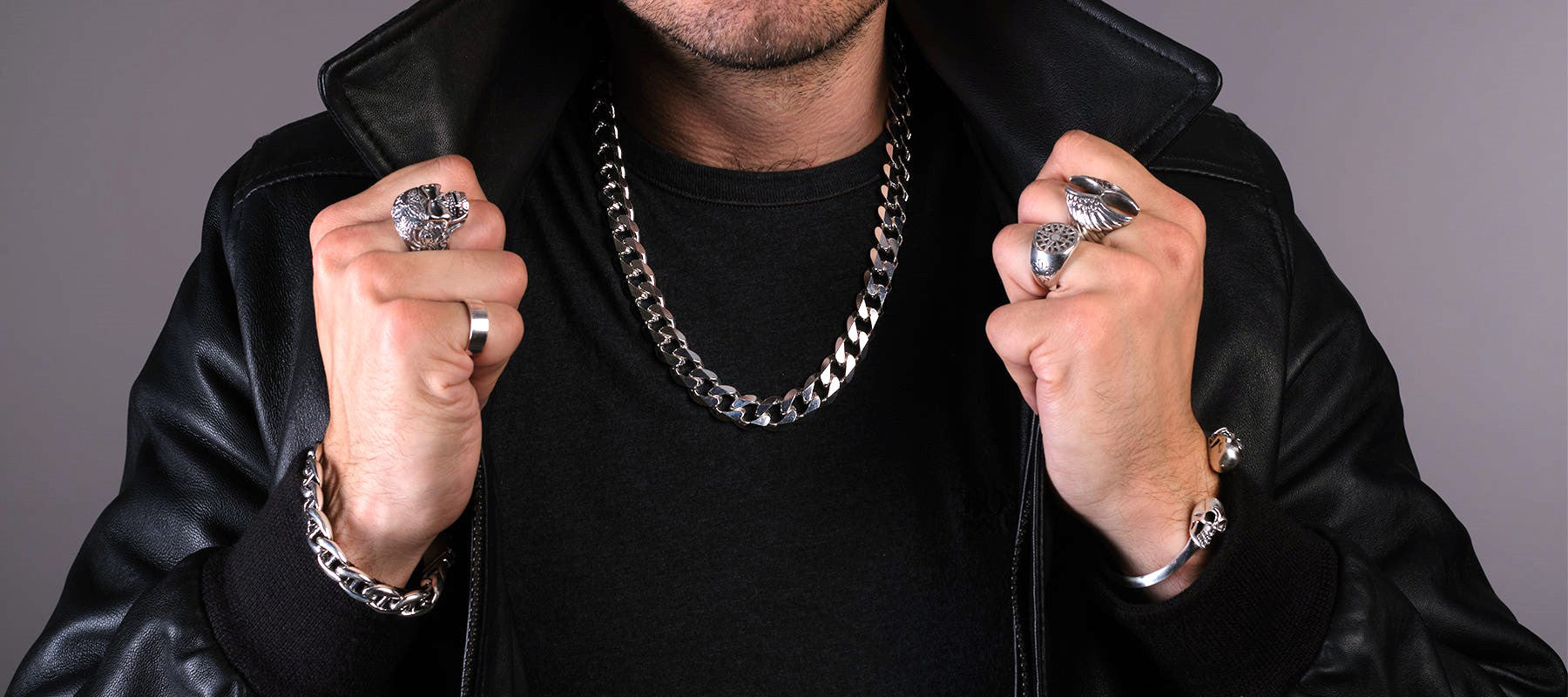 chunky solid silver chain for men biker skull rings
