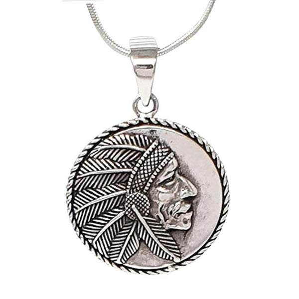 Silver Indian Chief Headdress Pendant with Chain for Men