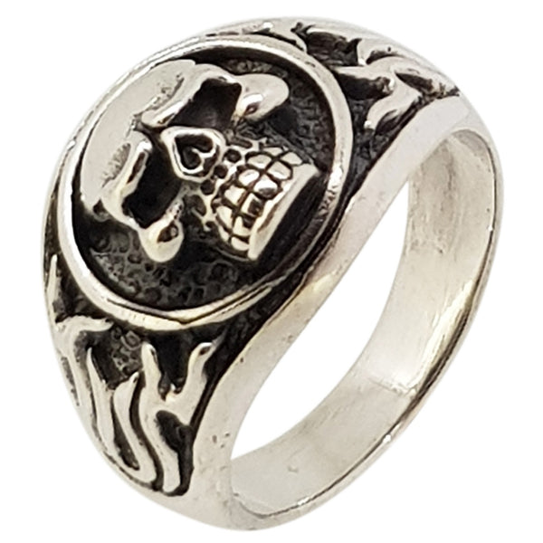 sterling silver skull and flames ring for men and women