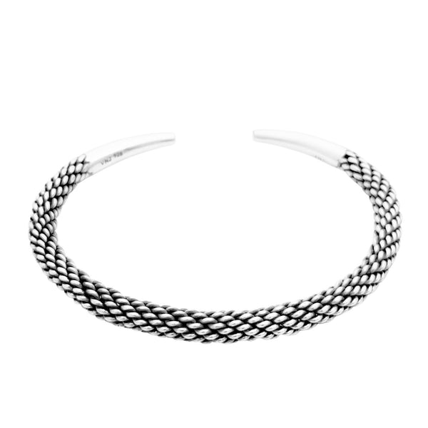 highly detailed sterling silver bangle for men and women with rope style design and tapered ends