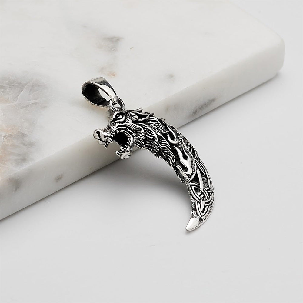 Mens Silver Pendant | 925 Silver Celtic Wolf Tooth Pendant for Men