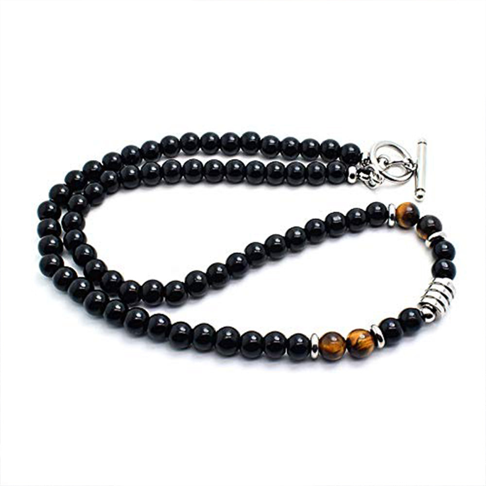 Men's Beaded Necklace | Tigers Eye Onyx Beaded Necklace With Stainless Steel Beads