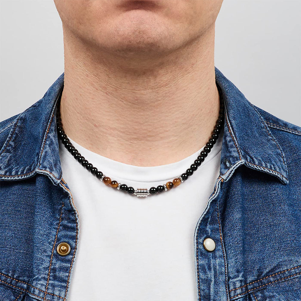 Men's Beaded Necklace | Tigers Eye Onyx Beaded Necklace With Stainless Steel Beads