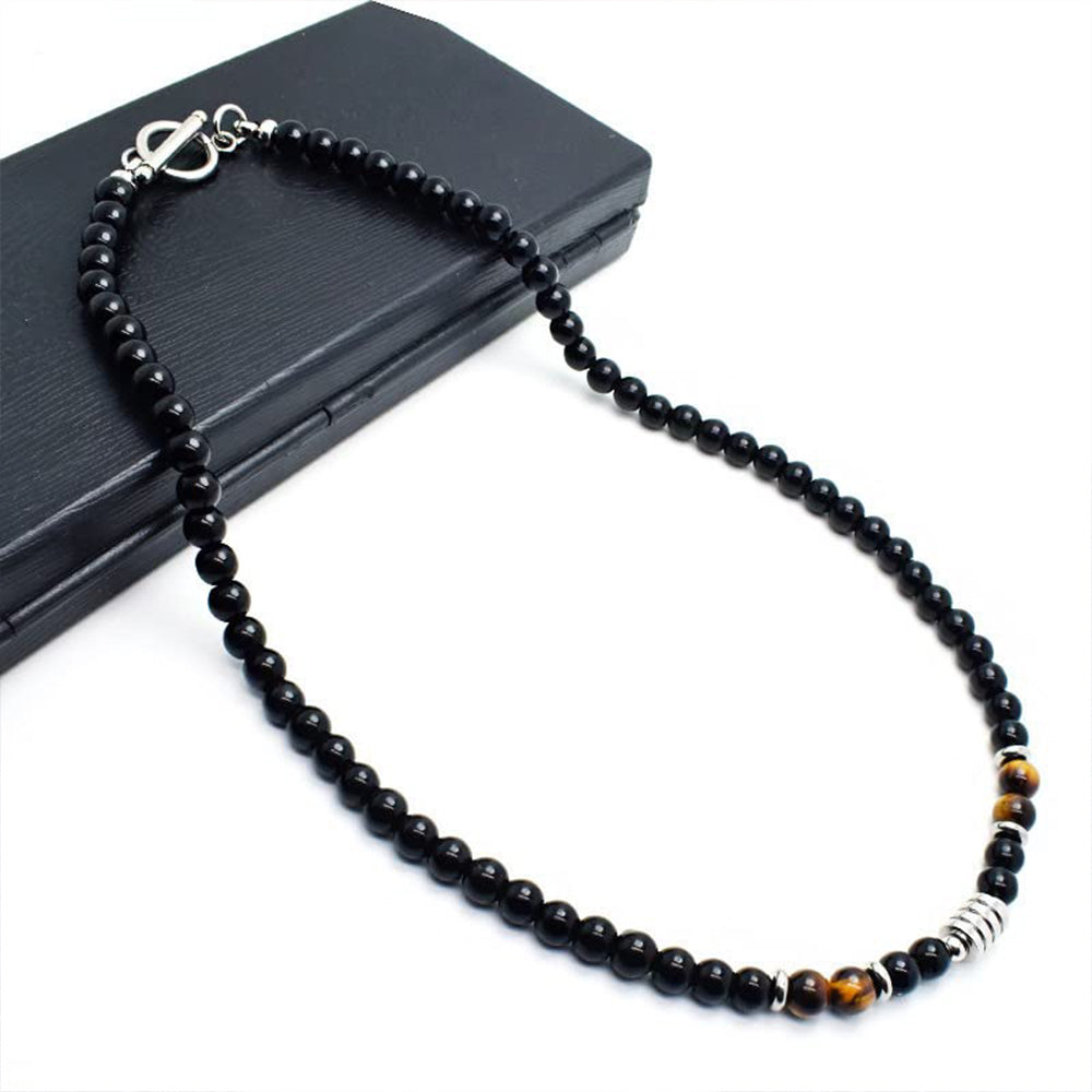 Men's Beaded Necklace | Tigers Eye Onyx Beaded Necklace With Stainless Steel Beads