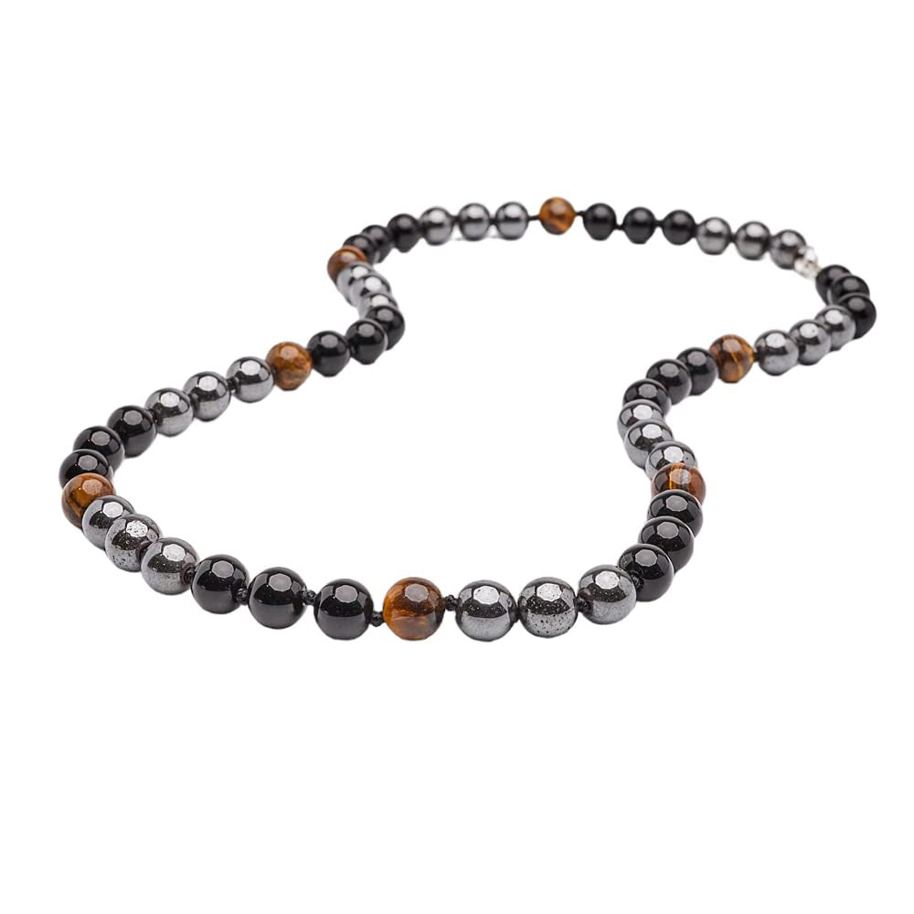 Men's Handmade Beaded Tigers Eye, Onyx, Grey Agate and Jasper 8MM Necklace