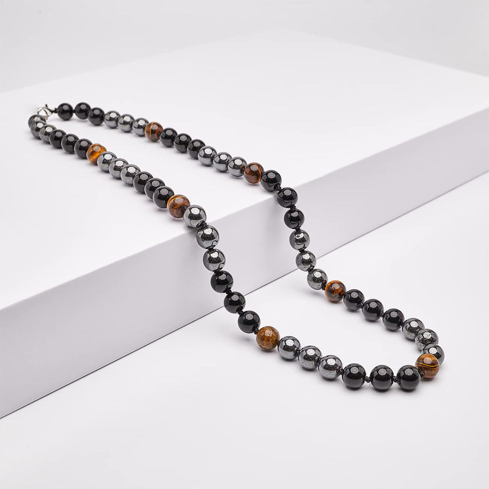 Handmade Beaded Tigers Eye, Onyx, Grey Agate and Jasper 8MM Necklace