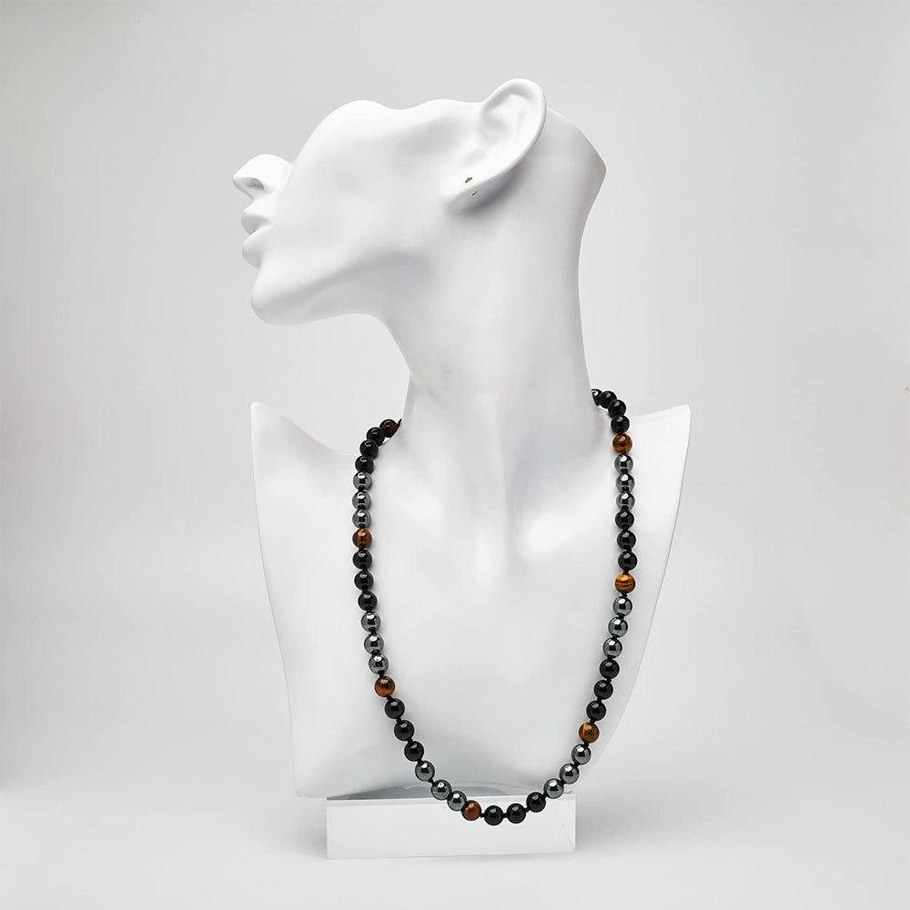 Beaded Tigers Eye, Onyx, Grey Agate and Jasper 8MM Necklace