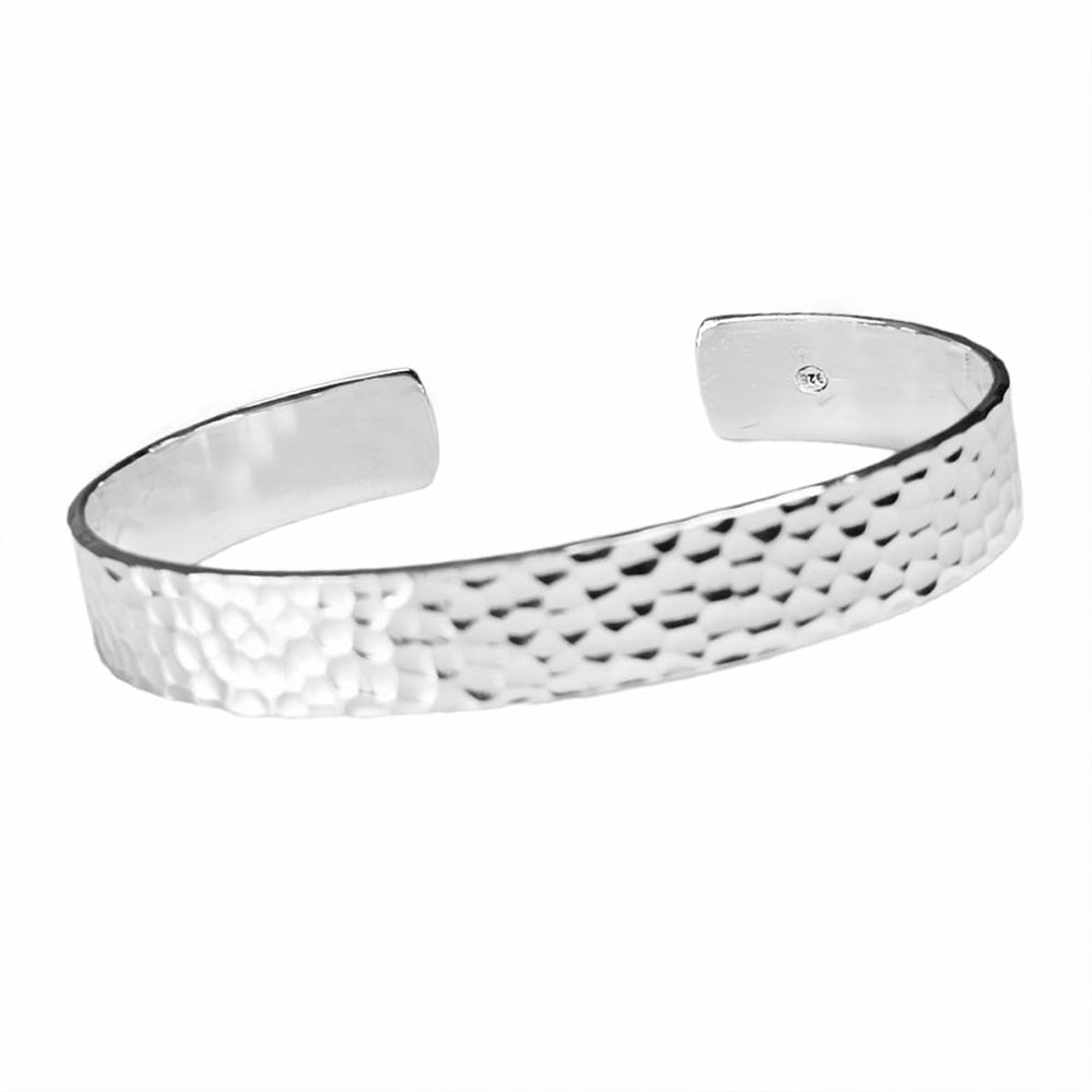 Silver Bangle - 10mm Hammered 925 Sterling Silver Cuff Bangle