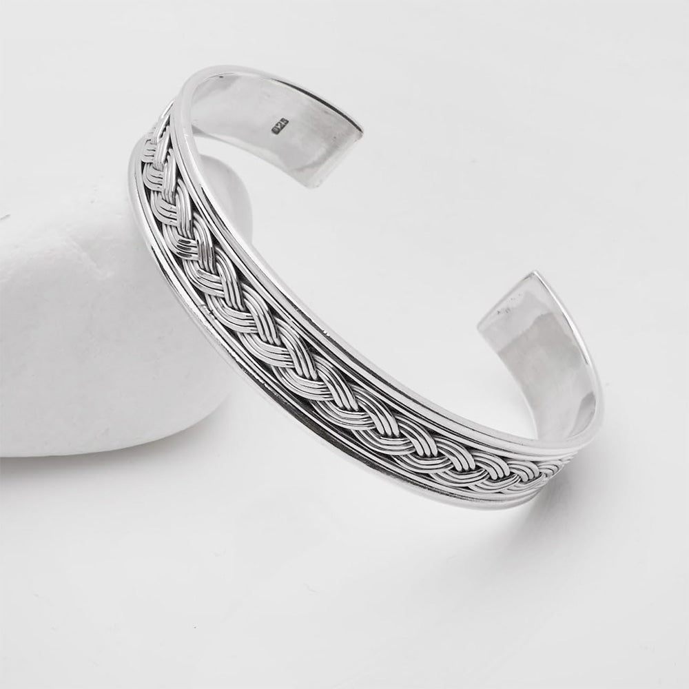 Men's and Women's 925 Sterling Silver Braided Detail Cuff bangle