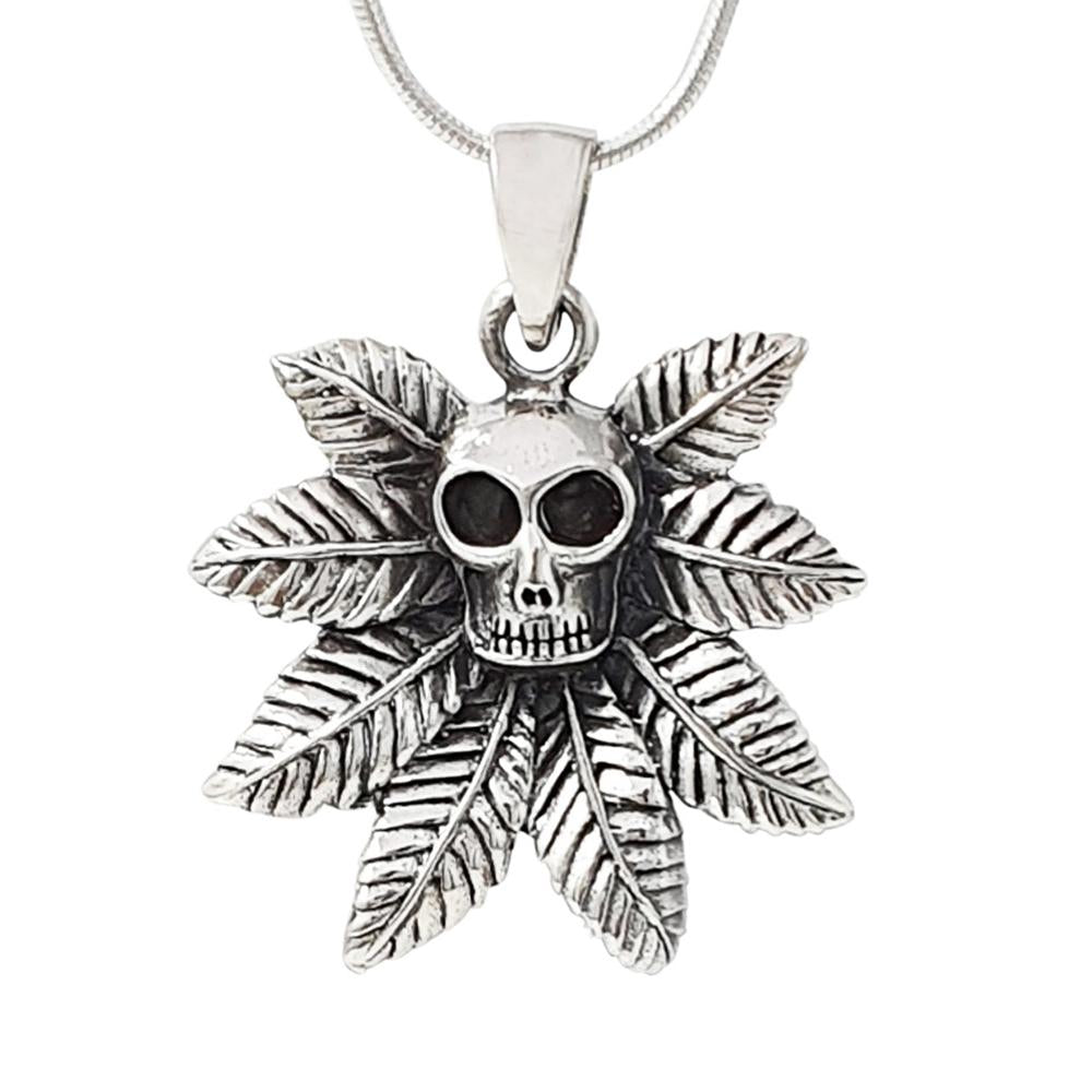 Sterling Silver Hip Hop Biker Hemp Leafs Skull Pendant with Chain