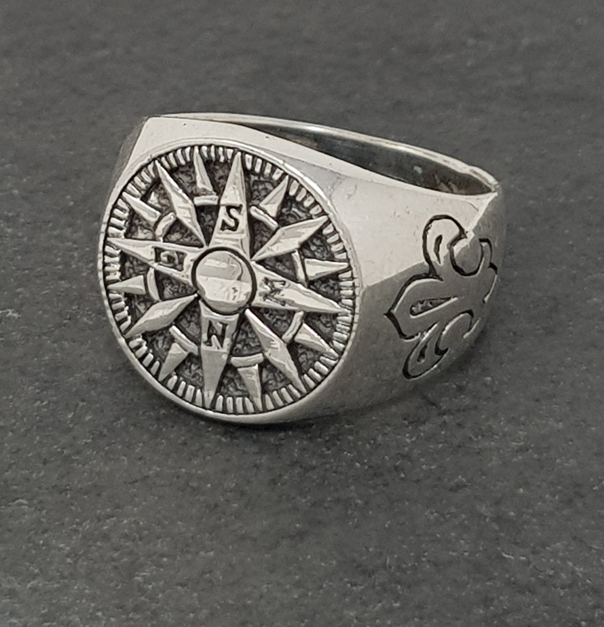 sterling silver compass signet style ring for men and women