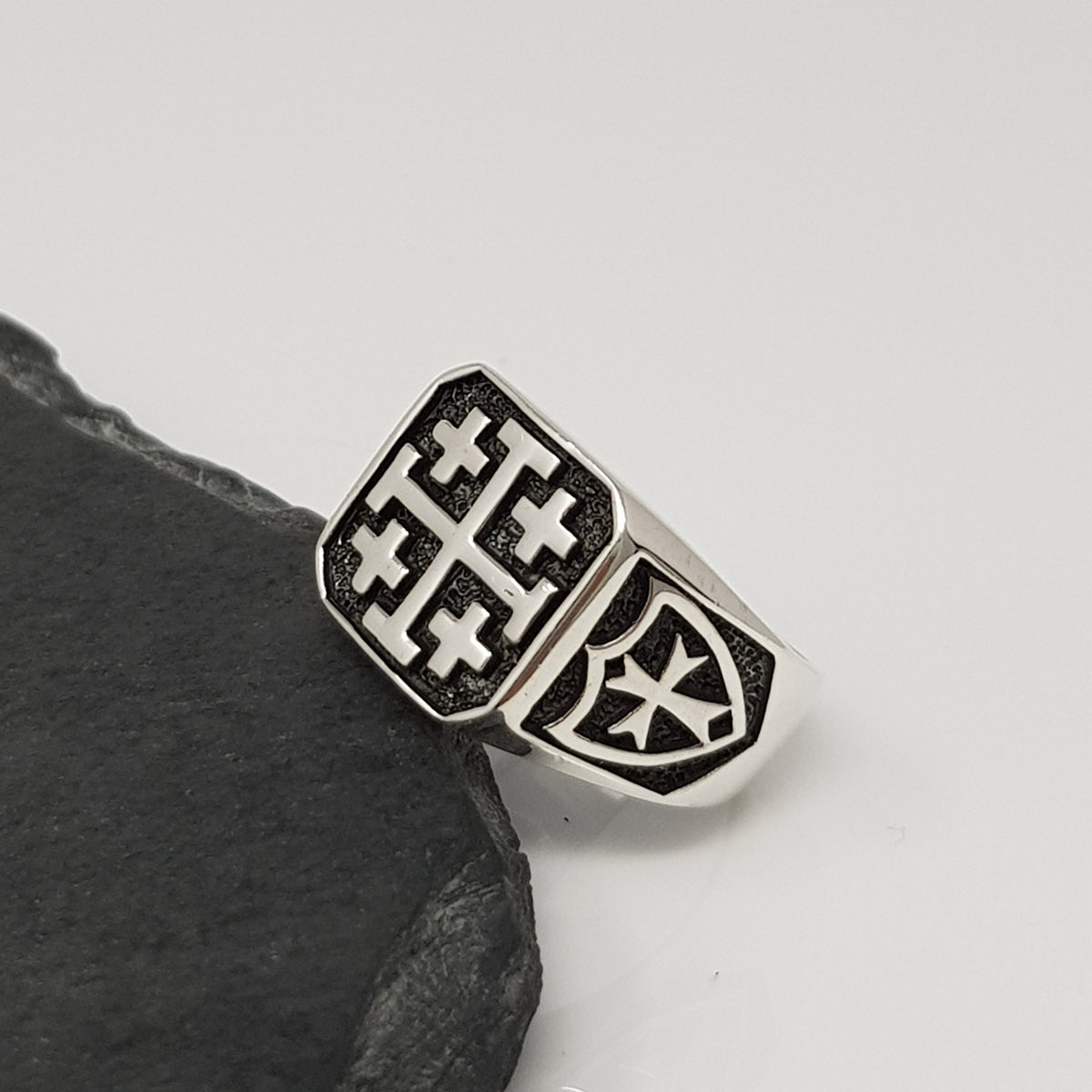 sterling silver cross and shield detailed ring for men and women