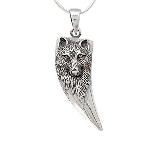 sterling silver highly detailed tusk tooth pendant with wolf face for men and women