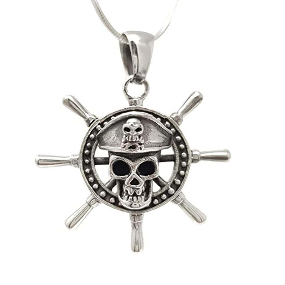 Caribbean Aztec Pirates Skull Pendant Necklace for Men Oxidized 925 Sterling Silver