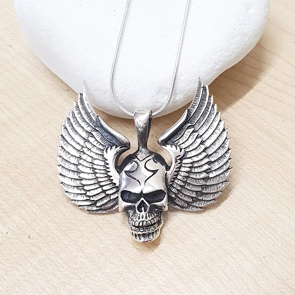 Sterling Silver Skull Wings Gothic Pendant Biker  for mens