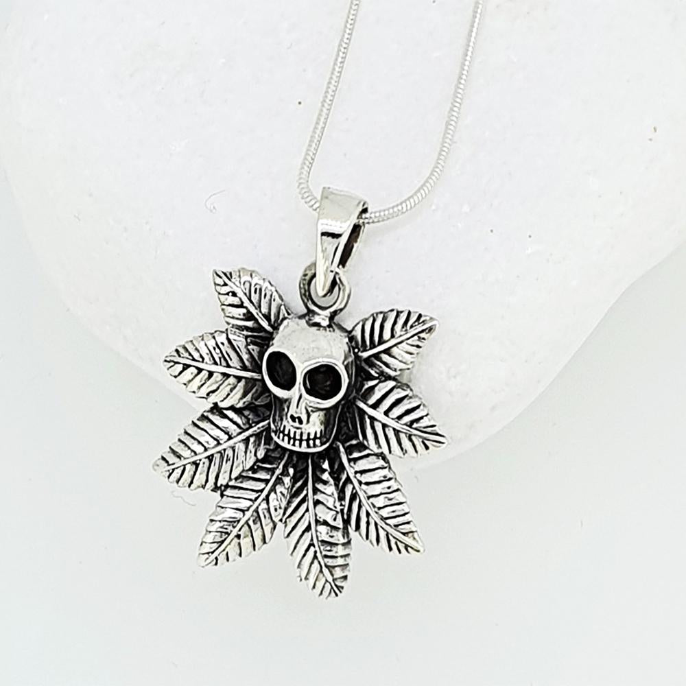 Sterling Silver Hip Hop Biker Hemp Leafs Skull Pendant with Chain