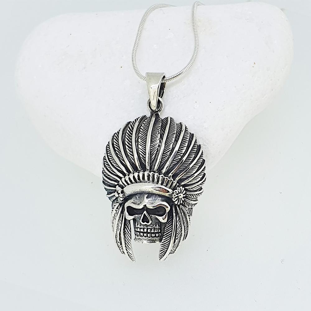 American Indian Tribal Chief Skull Biker Goth Punk Rocker Pendant for mens