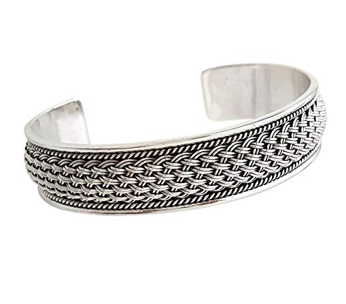 Men's Silver Bangle Bracelet Cuff  Solid 925 Sterling Silver Chunky Braided Biker Jewellery