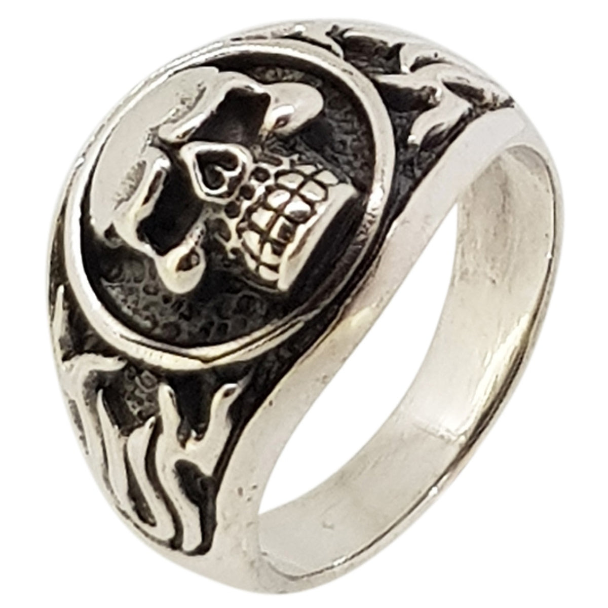 sterling silver skull and flames ring for men and women