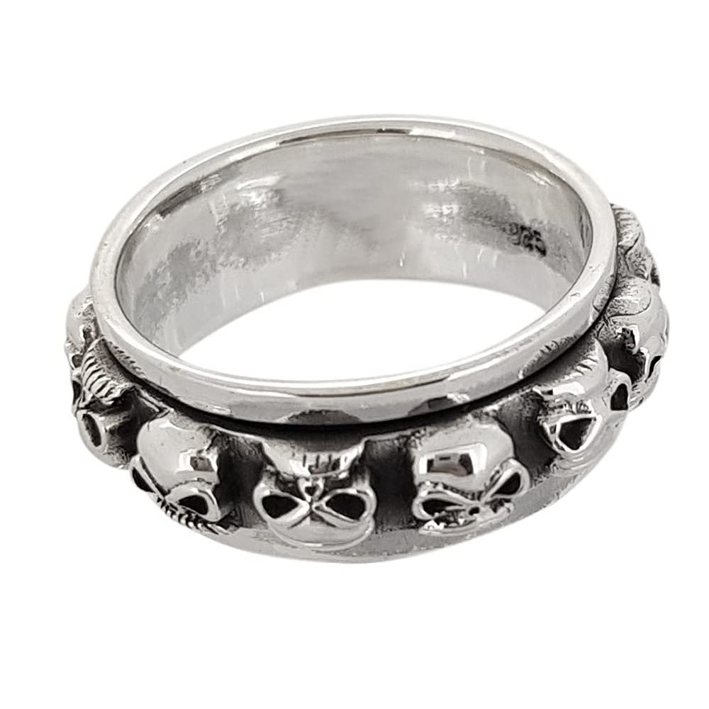 Men's Solid 925 Sterling Silver Ring, Spinning Ring, Spins Stress Relief Ring With Skulls Details – Choose Yours Size