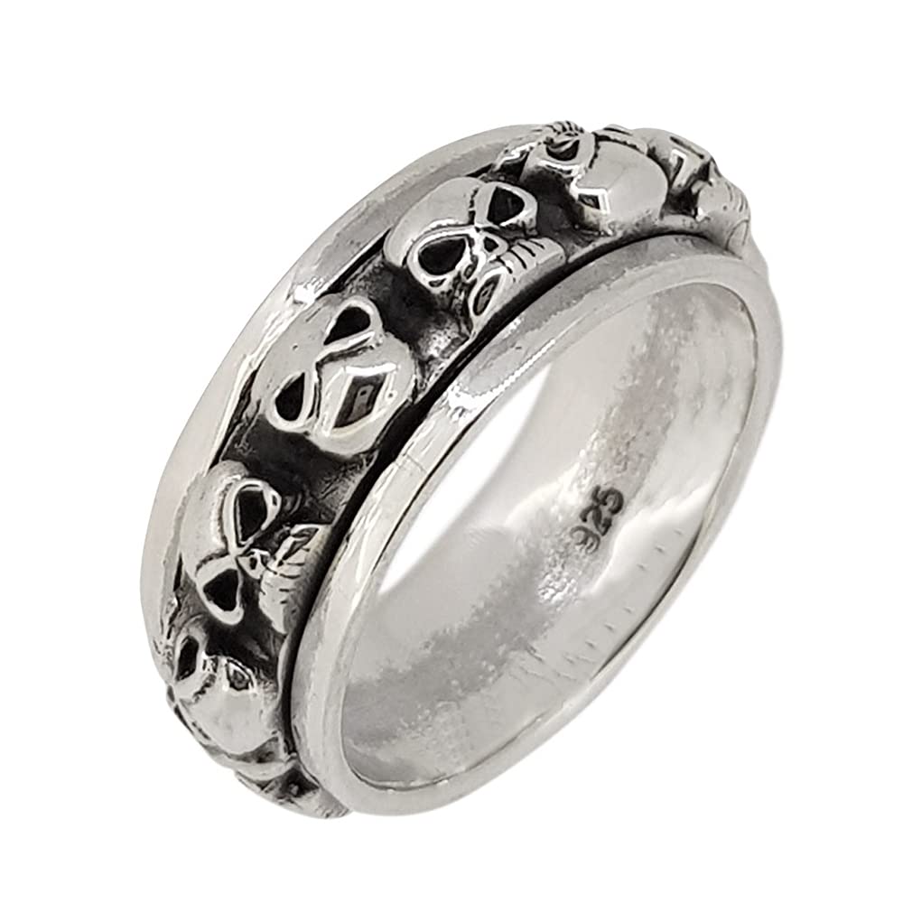 Men's Solid 925 Sterling Silver Ring, Spinning Ring, Spins Stress Relief Ring With Skulls Details – Choose Yours Size